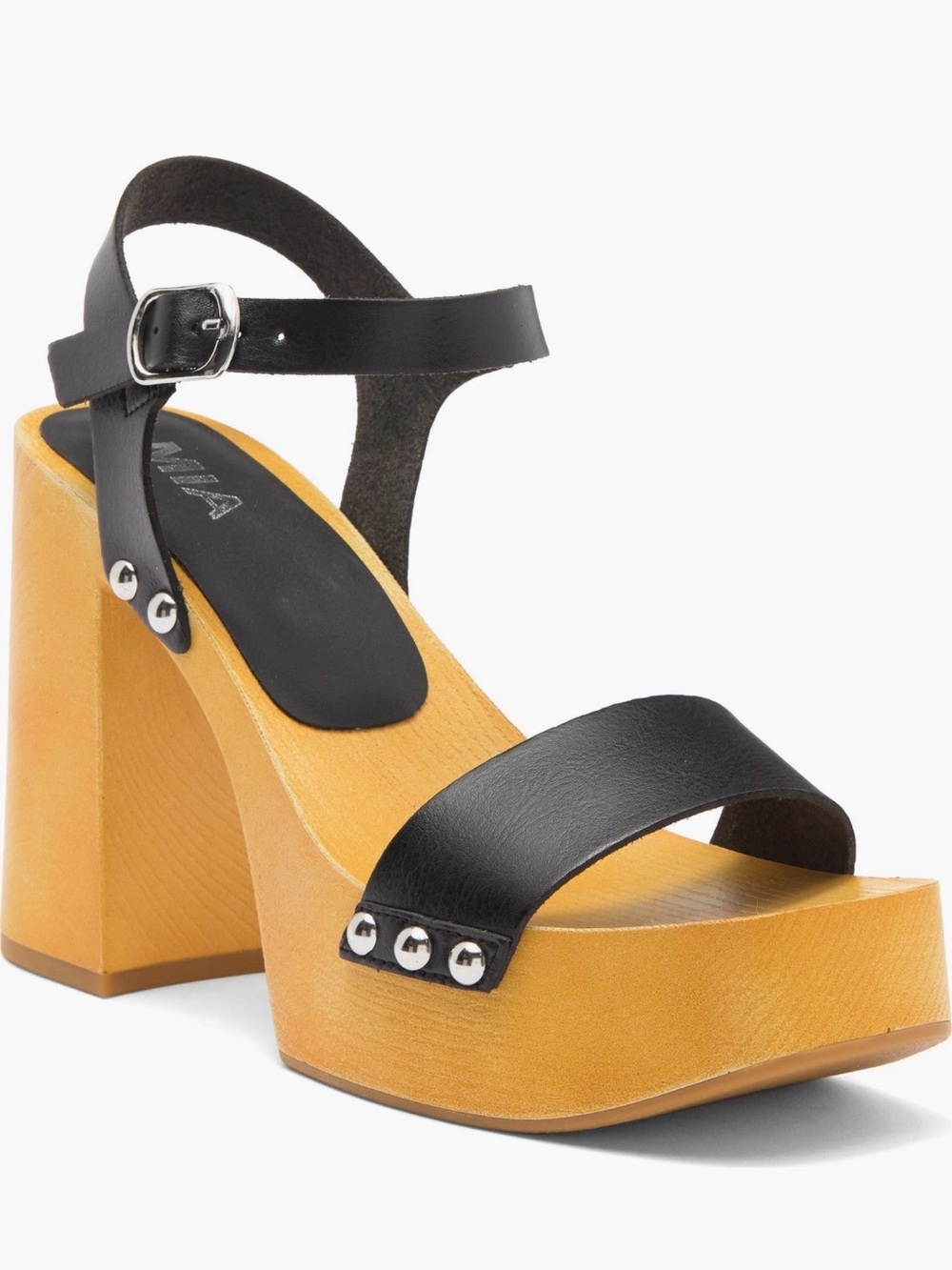 MIA Black Leather Ankle-Strap Platform Sandals with Wood-Tone Heel
